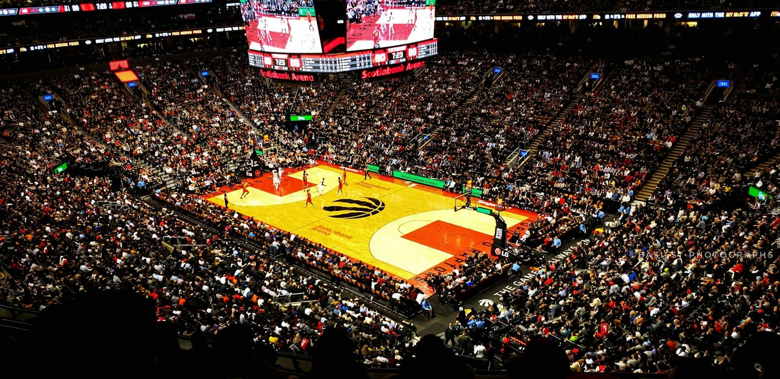 Crowded basketball arena during a match